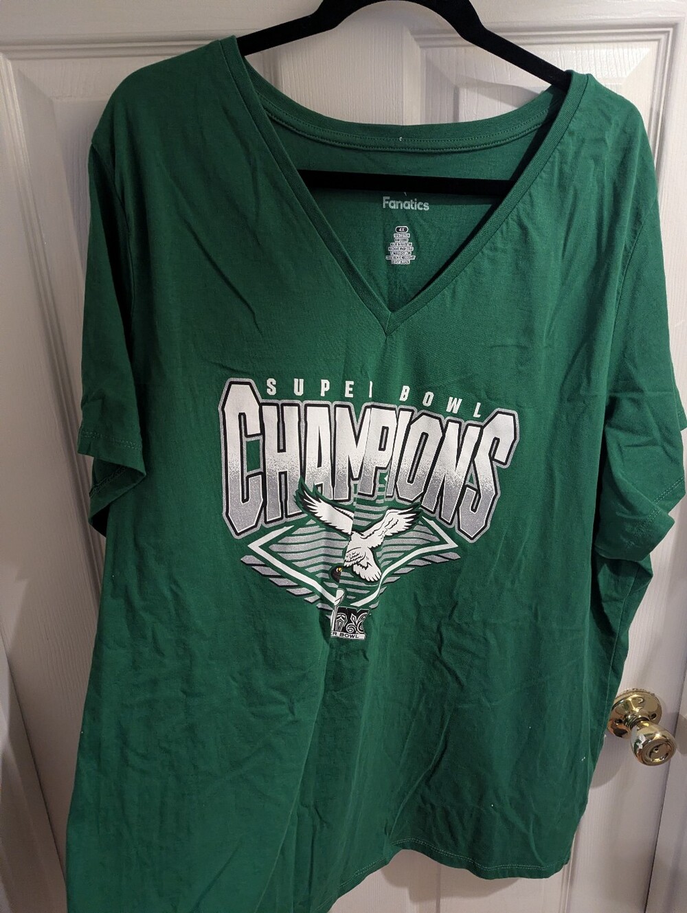 Fanatics Green Super Bowl Champions V-Neck Tee with White & Silver Graphic